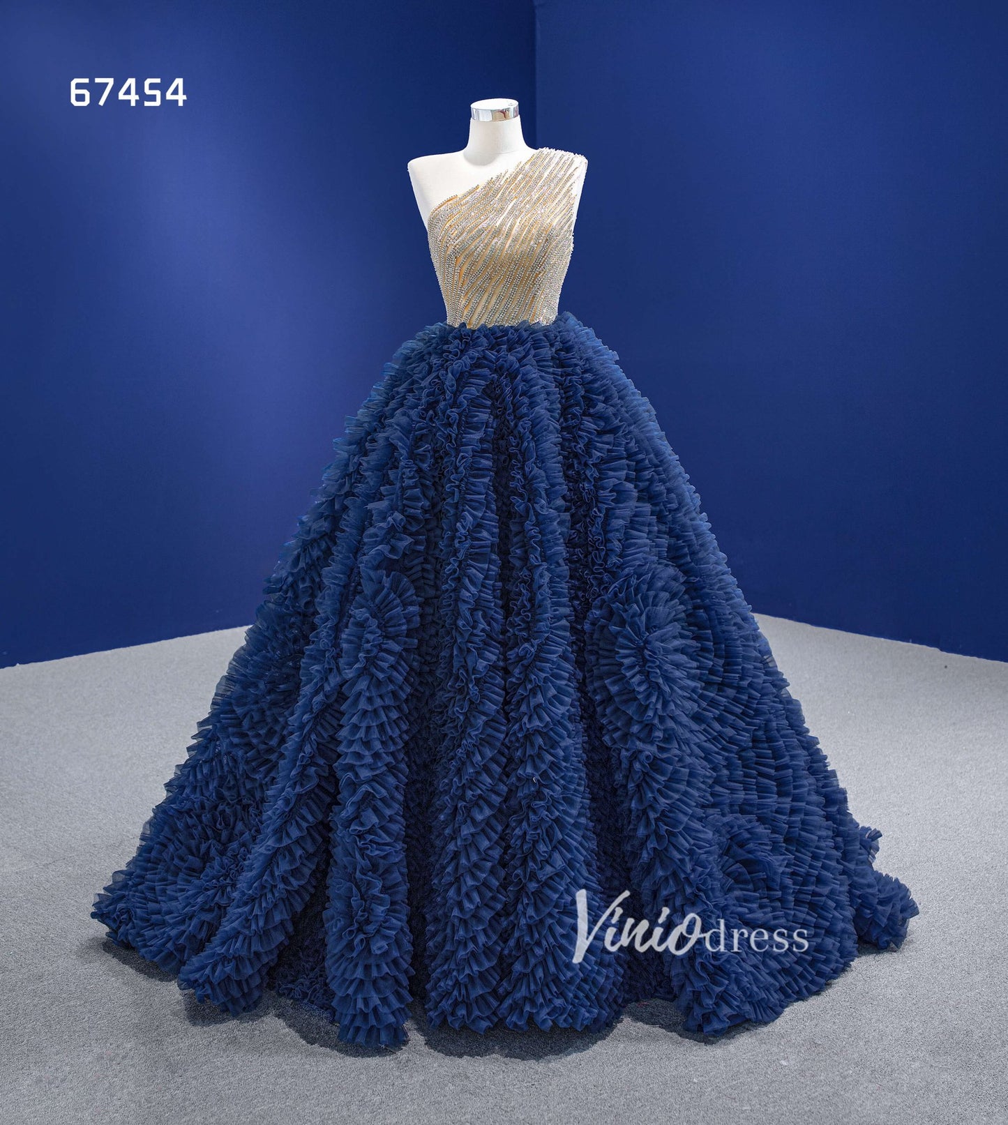 Navy Blue Sweet 16 Ball Gown One Shoulder Ruffle Quince Dresses 67454-Quinceanera Dresses 2025 -Viniodress-Navy Blue-Custom Size-