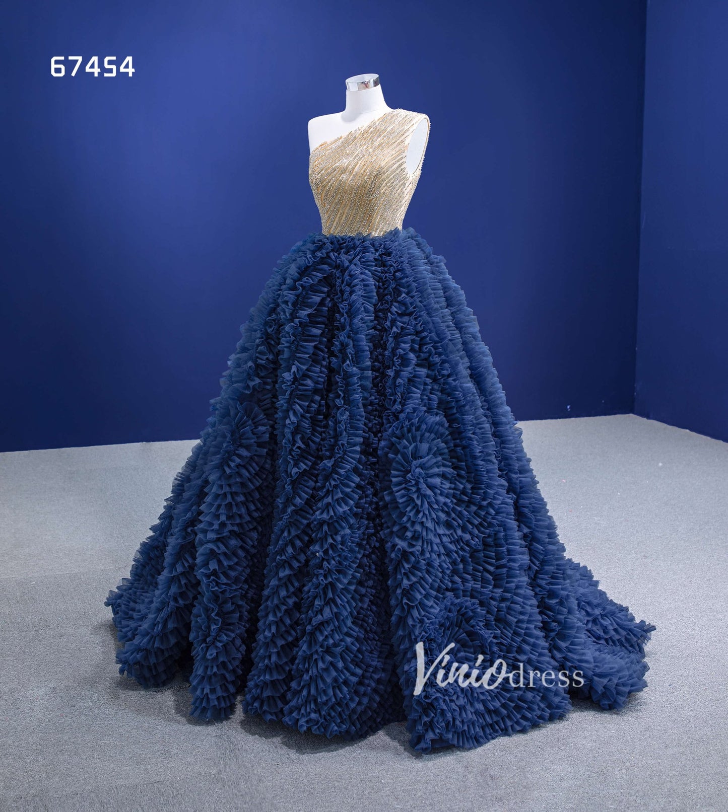 Navy Blue Sweet 16 Ball Gown One Shoulder Ruffle Quince Dresses 67454-Quinceanera Dresses 2025 -Viniodress-Navy Blue-Custom Size-