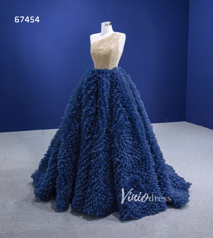 Navy Blue Sweet 16 Ball Gown One Shoulder Ruffle Quince Dresses 67454-Quinceanera Dresses 2025 -Viniodress-Navy Blue-Custom Size-