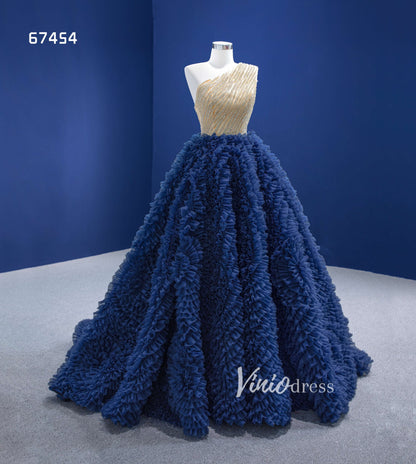 Navy Blue Sweet 16 Ball Gown One Shoulder Ruffle Quince Dresses 67454-Quinceanera Dresses 2025 -Viniodress-Navy Blue-Custom Size-