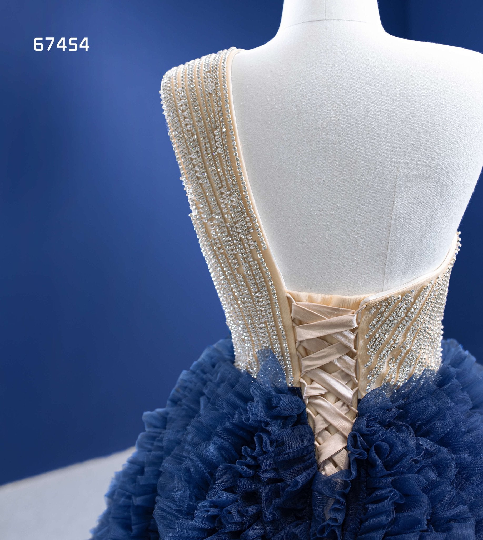 Navy Blue Sweet 16 Ball Gown One Shoulder Ruffle Quince Dresses 67454   Viniodress