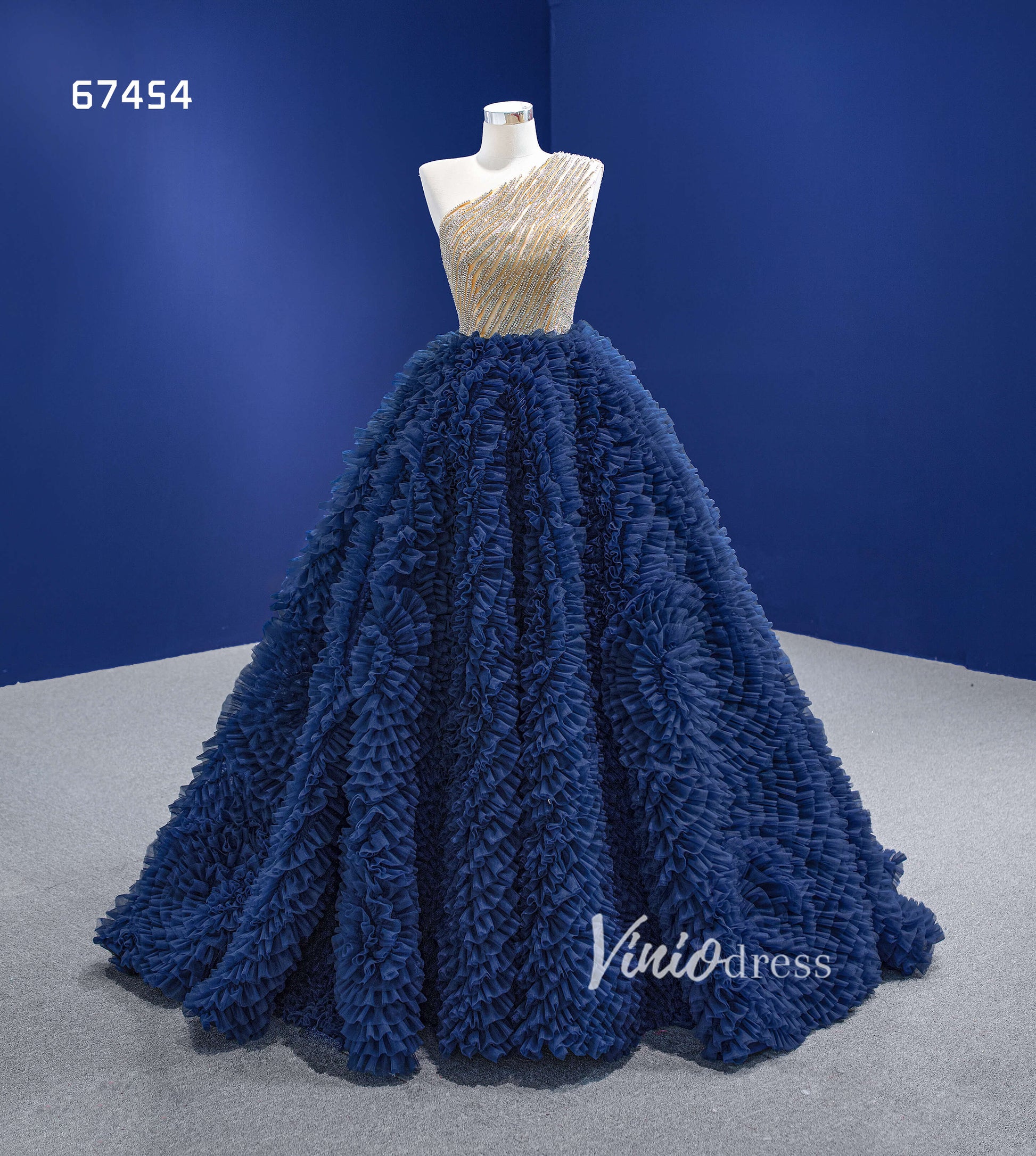 Navy Blue Sweet 16 Ball Gown One Shoulder Ruffle Quince Dresses 67454-Quinceanera Dresses-Viniodress-Viniodress