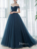 Navy Blue Tulle Prom Dresses Off the Shoulder Evening Dress FD3189