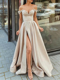 Nude Off the Shoulder Prom Dresses With Slit A-Line Satin Evening Dress FD3146