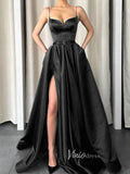 Nude Spaghetti Strap Prom Dresses With Slit A-Line Satin Evening Dress FD3146-prom dresses-Viniodress-Black-Custom Size-Viniodress