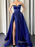 Nude Spaghetti Strap Prom Dresses With Slit A-Line Satin Evening Dress FD3146-prom dresses-Viniodress-Blue-Custom Size-Viniodress