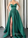 Nude Spaghetti Strap Prom Dresses With Slit A-Line Satin Evening Dress FD3146-prom dresses-Viniodress-Emerald Green-Custom Size-Viniodress