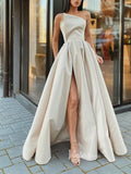 Nude Strapless Prom Dresses With Slit Satin A-Line Evening Dress FD3146-prom dresses-Viniodress-Nude-Custom Size-Viniodress