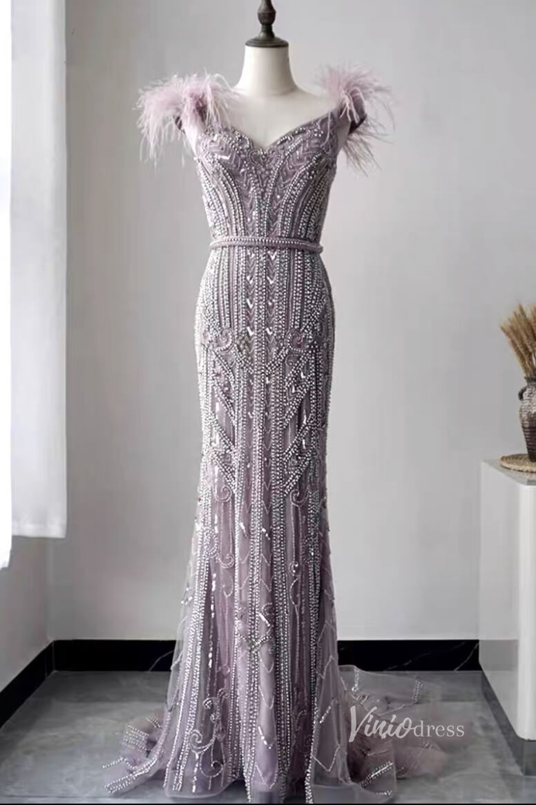 Off Shoulder Feather Beaded Mauve Prom Dresses 20s Party Dress FD2615 –  Viniodress