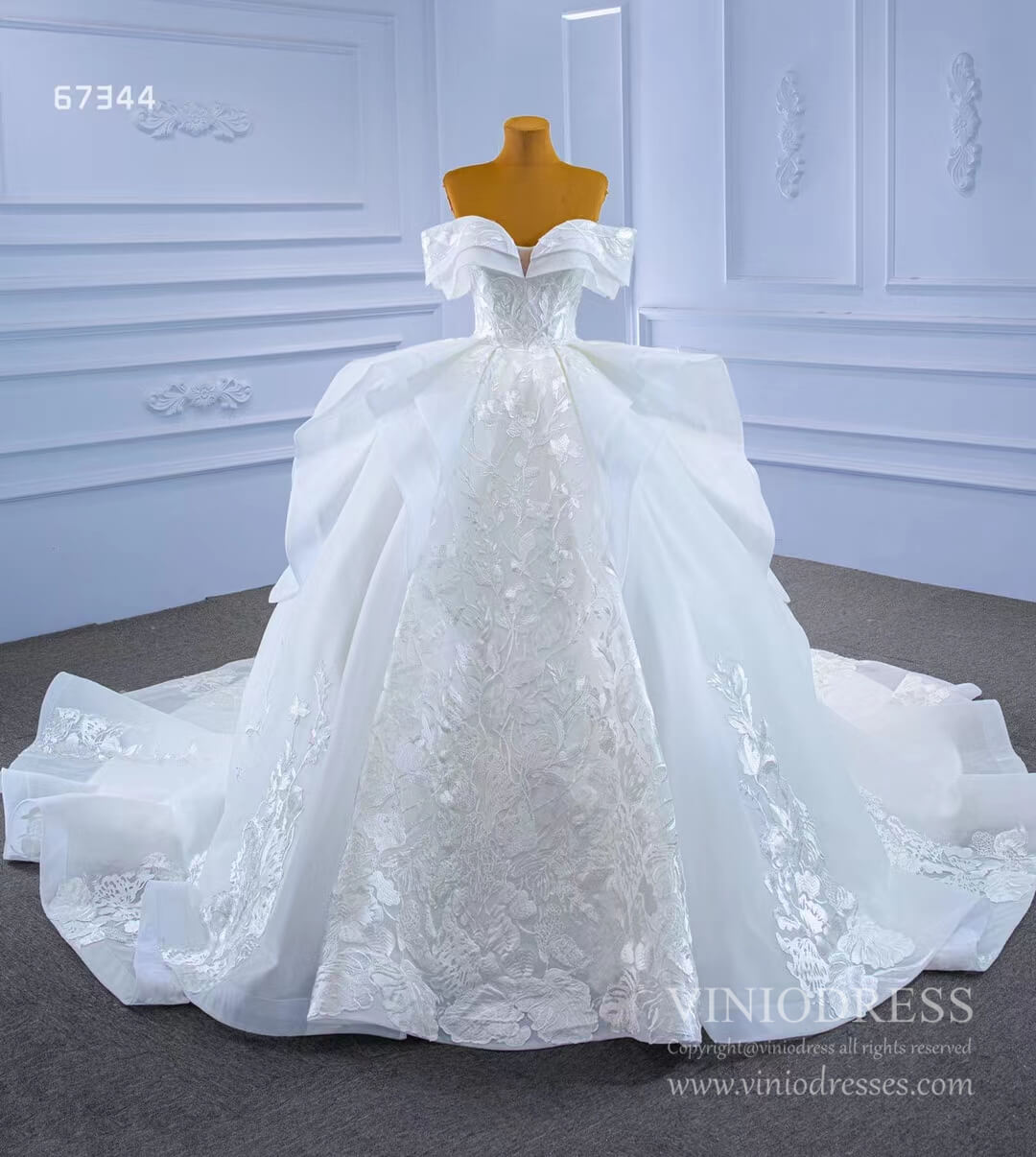 Off Shoulder Lace Applique Wedding Gown Dubai Wedding Dress 67344-wedding dresses-Viniodress-Viniodress