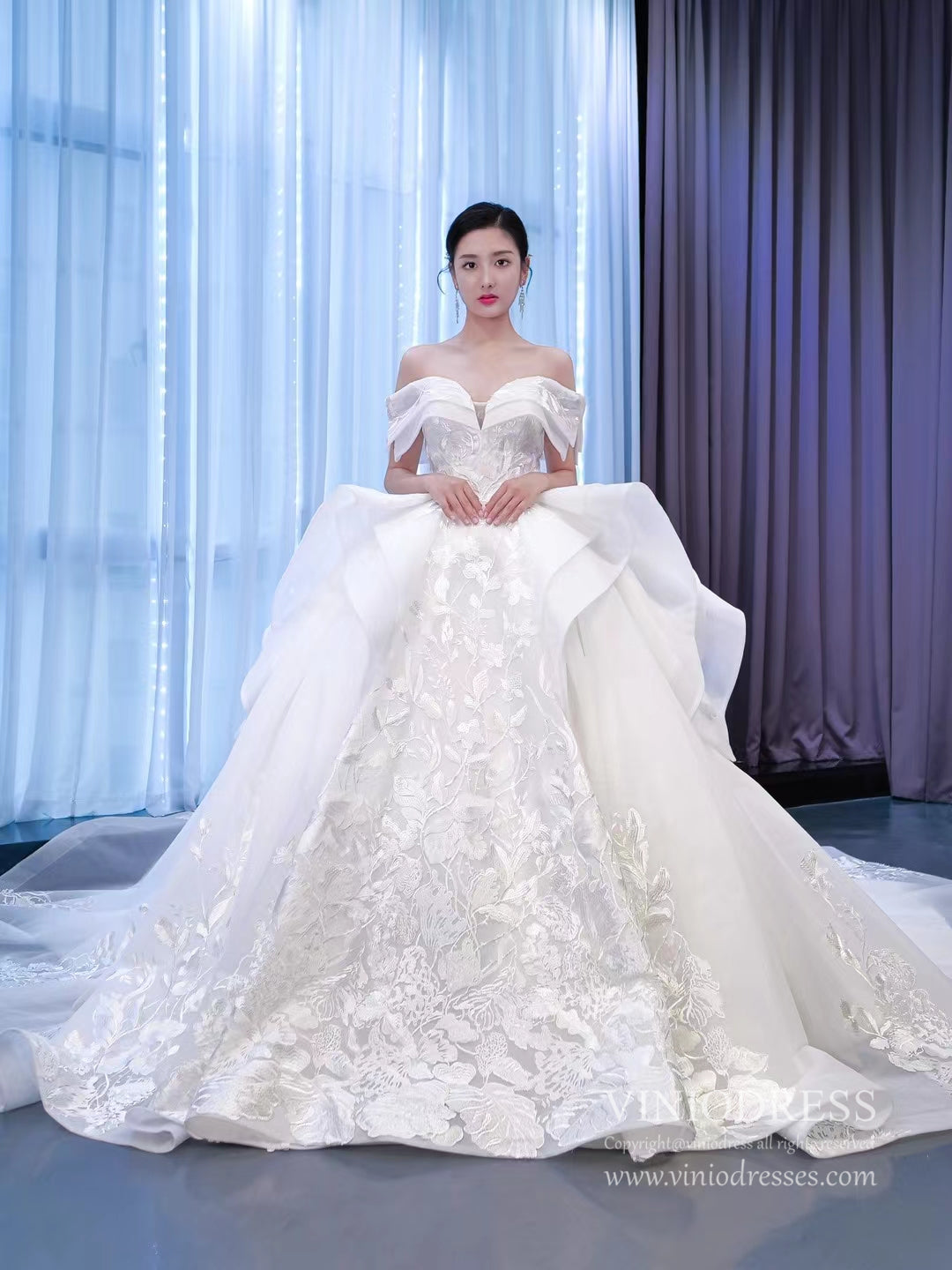 Off Shoulder Lace Applique Wedding Gown Dubai Wedding Dress 67344-wedding dresses-Viniodress-Ivory-Custom Size-Viniodress