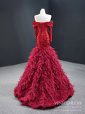 Off Shoulder Red Feather Prom Dresses Long Sleeve Sequin Dress FD2413 viniodress-prom dresses-Viniodress-Viniodress