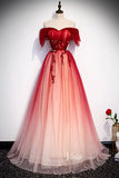 Off Shoulder Red Long Prom Dress Ombre Tulle Formal Dresses FD2629