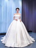 Vestido de novia de satén con hombros descubiertos, vestido de novia sencillo y elegante 67351