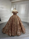 Off the Shoulder Ball Gown Wedding Dress 67411 Gold Lace