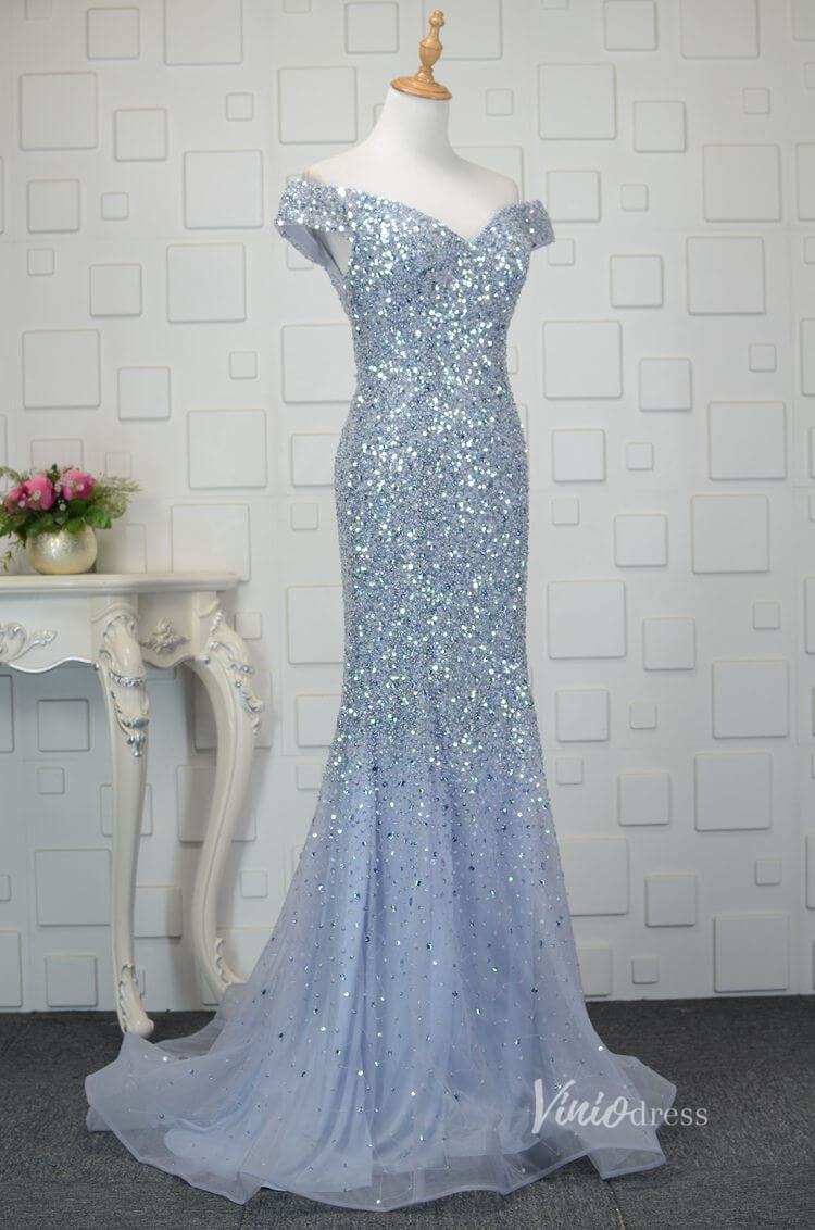 Off the Shoulder Beaded Prom Dress Sheath Evening Dress FD2667-prom dresses-Viniodress-Dusty Blue-US 2-Viniodress