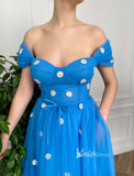 Off the Shoulder Blue Prom Dress Daisy Flower Formal Dress FD2774-prom dresses-Viniodress-Viniodress