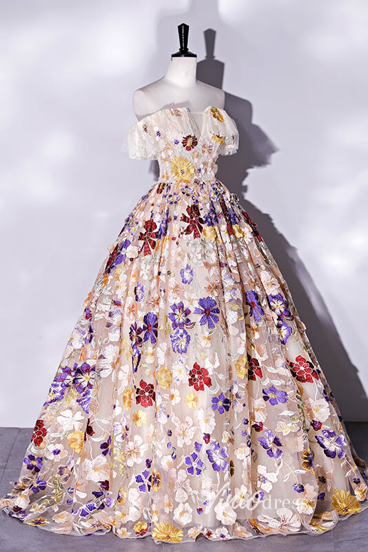Off the Shoulder Floral Ball Gown Prom Dresses Corset Back FD1913-Quinceanera Dresses-Viniodress-Viniodress