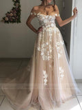 Off the Shoulder Floral Champagne Modern Wedding Dresses VW1368-wedding dresses-Viniodress-Viniodress