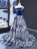 Off the Shoulder Glittery Silver & Blue Long Prom Dresses 2020 FD1979 viniodress