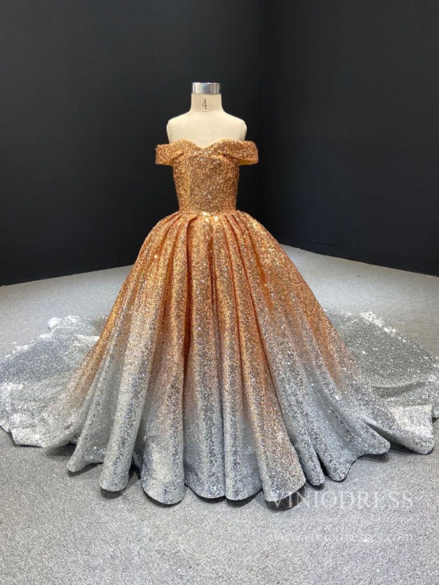 Off the Shoulder Gold Sequin Ball Gown for Child FD1959K-Girls Prom Dresses-Viniodress-As Picture-Custom Size-Viniodress