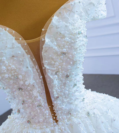 Off the Shoulder Lace Wedding Gown Pearl Wedding Dress VW2039-wedding dresses 2025 -Viniodress-As Picture-Custom Size-