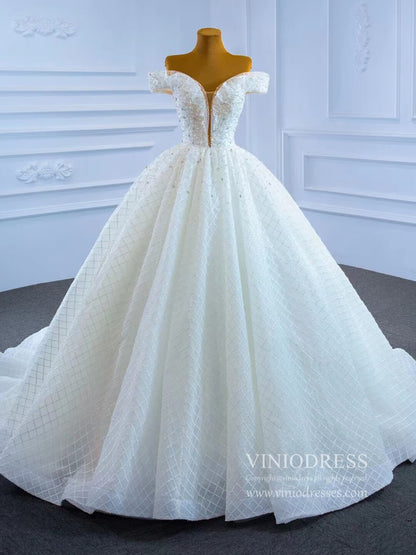 Off the Shoulder Lace Wedding Gown Pearl Wedding Dress VW2039-wedding dresses 2025 -Viniodress-As Picture-Custom Size-