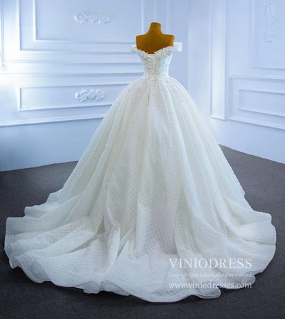 Off the Shoulder Lace Wedding Gown Pearl Wedding Dress VW2039-wedding dresses 2025 -Viniodress-As Picture-Custom Size-