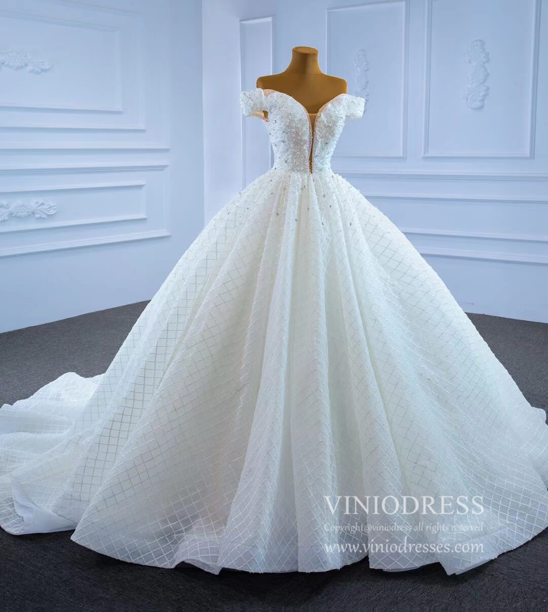 Off the Shoulder Lace Wedding Gown Pearl Wedding Dress VW2039-wedding dresses 2025 -Viniodress-As Picture-Custom Size-