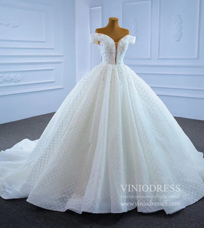 Off the Shoulder Lace Wedding Gown Pearl Wedding Dress VW2039-wedding dresses 2025 -Viniodress-As Picture-Custom Size-