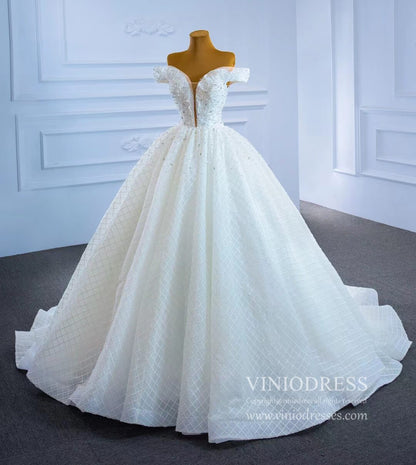Off the Shoulder Lace Wedding Gown Pearl Wedding Dress VW2039-wedding dresses 2025 -Viniodress-As Picture-Custom Size-
