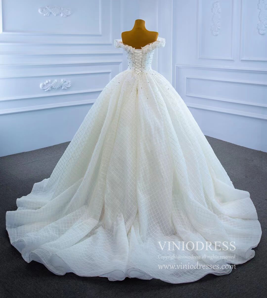 Off the Shoulder Lace Wedding Gown Pearl Wedding Dress VW2039-wedding dresses 2025 -Viniodress-As Picture-Custom Size-