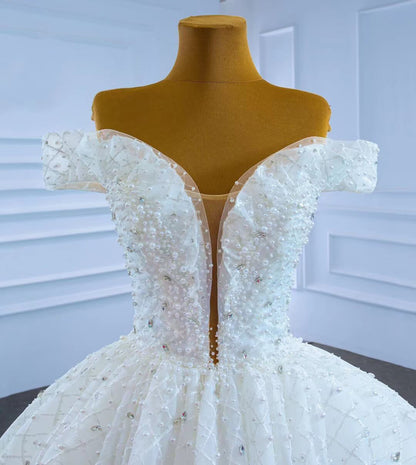 Off the Shoulder Lace Wedding Gown Pearl Wedding Dress VW2039-wedding dresses 2025 -Viniodress-As Picture-Custom Size-