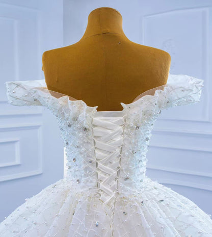 Off the Shoulder Lace Wedding Gown Pearl Wedding Dress VW2039-wedding dresses 2025 -Viniodress-As Picture-Custom Size-
