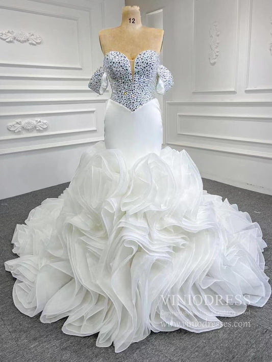 Off the Shoulder Mermaid Wedding Dresses Ruffled Gown 67192-wedding dresses 2025 -Viniodress-Ivory-Custom Size-