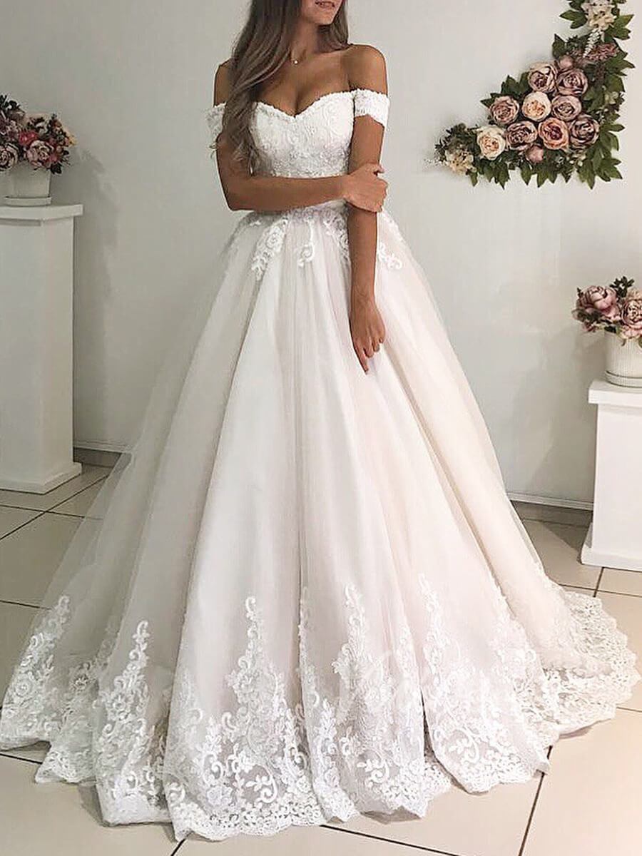 Off the Shoulder Modest Lace Wedding Dresses Champagne VW1243-wedding dresses-Viniodress-As Picture-Custom Size-Viniodress