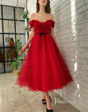 Off the Shoulder Prom Dresses Black Dotted Red Maxi Dress SD1437B