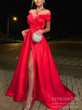 Off the Shoulder Red Magenta Prom Dresses Simple Satin Formal Dress with Slit FD2010