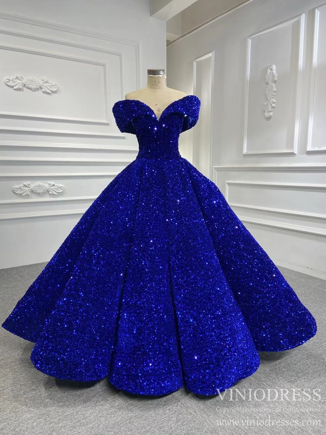 Off the Shoulder Royal Blue Sequin Ball Gown Quince Dresses 66536 viniodress-Quinceanera Dresses-Viniodress-Royal Blue-Custom Size-Viniodress