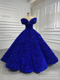Off the Shoulder Royal Blue Sequin Ball Gown Quince Dresses 66536 viniodress