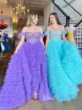 Off the Shoulder Ruffled Tulle Prom Dress with Slit FD2976B-prom dresses-Viniodress-Viniodress