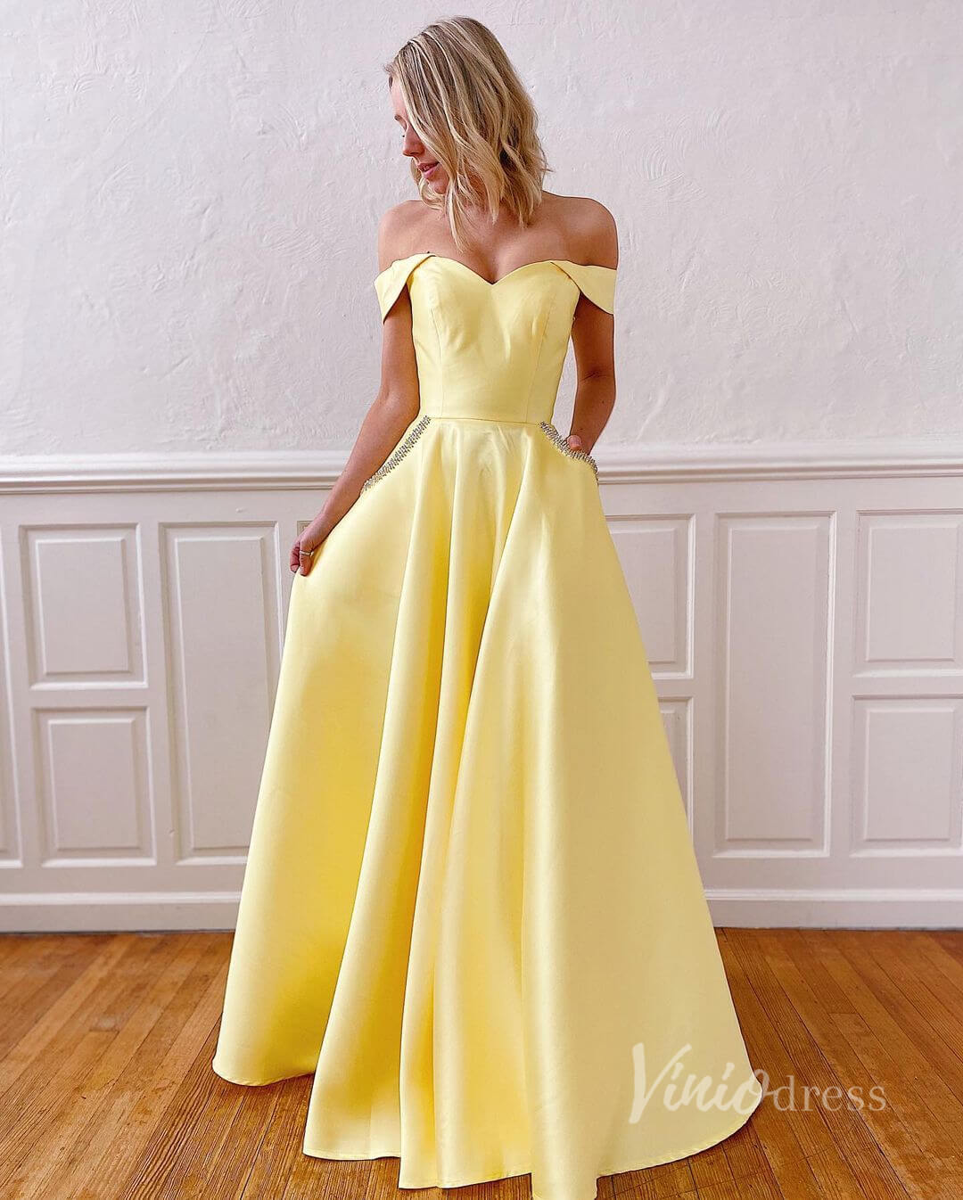 Off the Shoulder Yellow Satin Prom Dresses with Pockets FD2854-prom dresses-Viniodress-Yellow-Custom Size-Viniodress