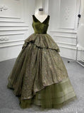 <transcy>Vestidos de fiesta largos verde oliva Vestido de quinceañera brillante con cuello en V FD1301</transcy>