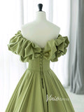 Olive Green Satin Prom Dresses Ruffled Off the Shoulder Sleeve Formal Gown FD3436-prom dresses-Viniodress-Viniodress