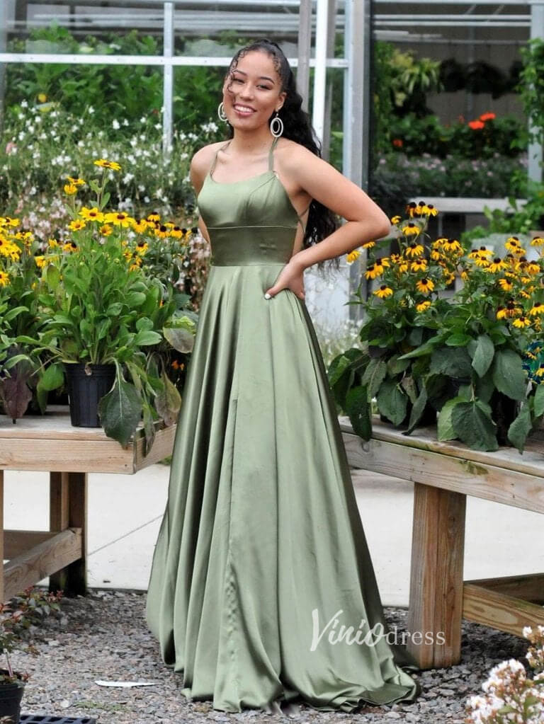 Olive Green Satin Prom Dresses with Slit FD2705B-prom dresses-Viniodress-Olive Green-Custom Size-Viniodress