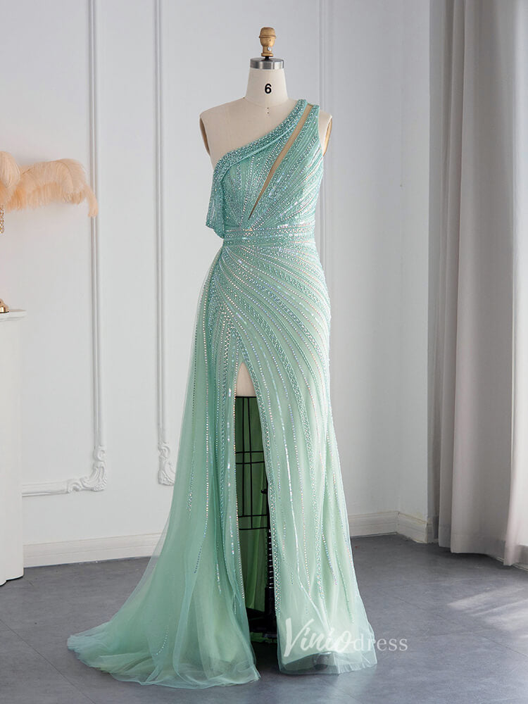 One Shoulder Beaded Prom Dresses High Slit 1920s Evening Dress 20078-prom dresses-Viniodress-Light Green-US 2-Viniodress