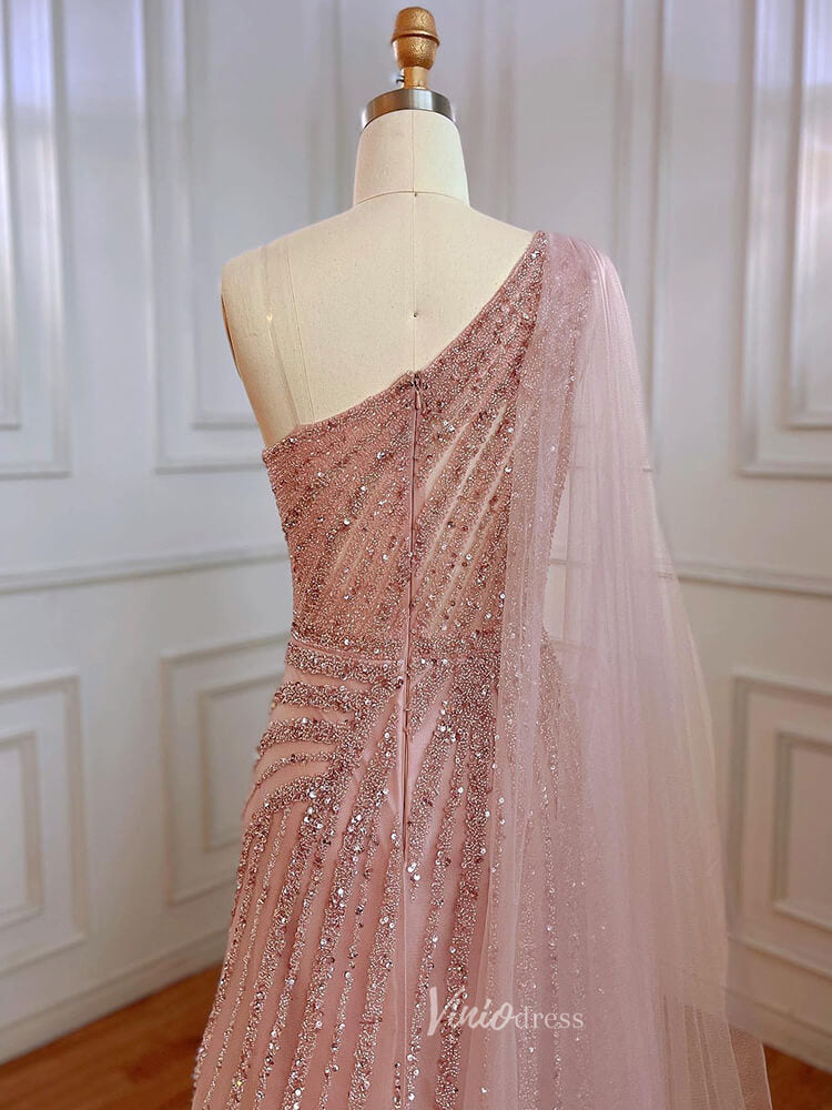One Shoulder Beaded Prom Dresses Watteau Train 1920s Evening Dress with Slit 20045-prom dresses-Viniodress-Viniodress