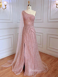 One Shoulder Beaded Prom Dresses Watteau Train 1920s Evening Dress with Slit 20045