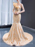 One Shoulder Champagne Lace Pageant Gown Mermaid Prom Dresses 2020 FD1984 viniodress