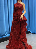 One Shoulder Dark Red Sequin Prom Dresses with Long Sleeves FD1993-prom dresses-Viniodress-Viniodress